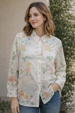 BonWorth Vintage White Sheer Floral Pastel Embroidered Button Down Blouse Large